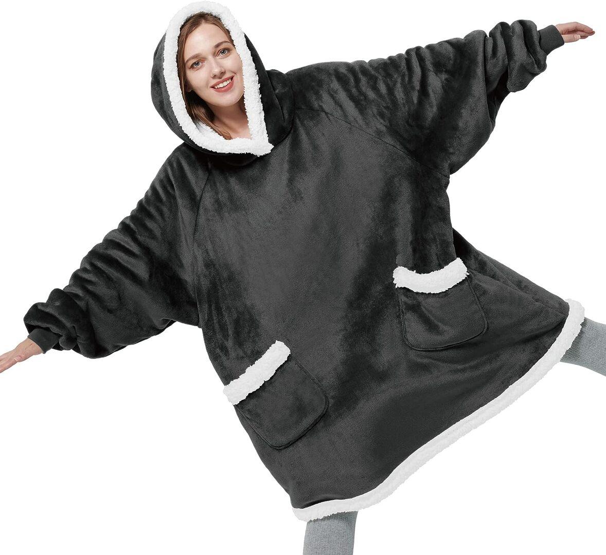 Sherpa Hoodie Decke mit Ärmeln und Kapuze - Größe: Standard - Farbe: Anthrazit 1