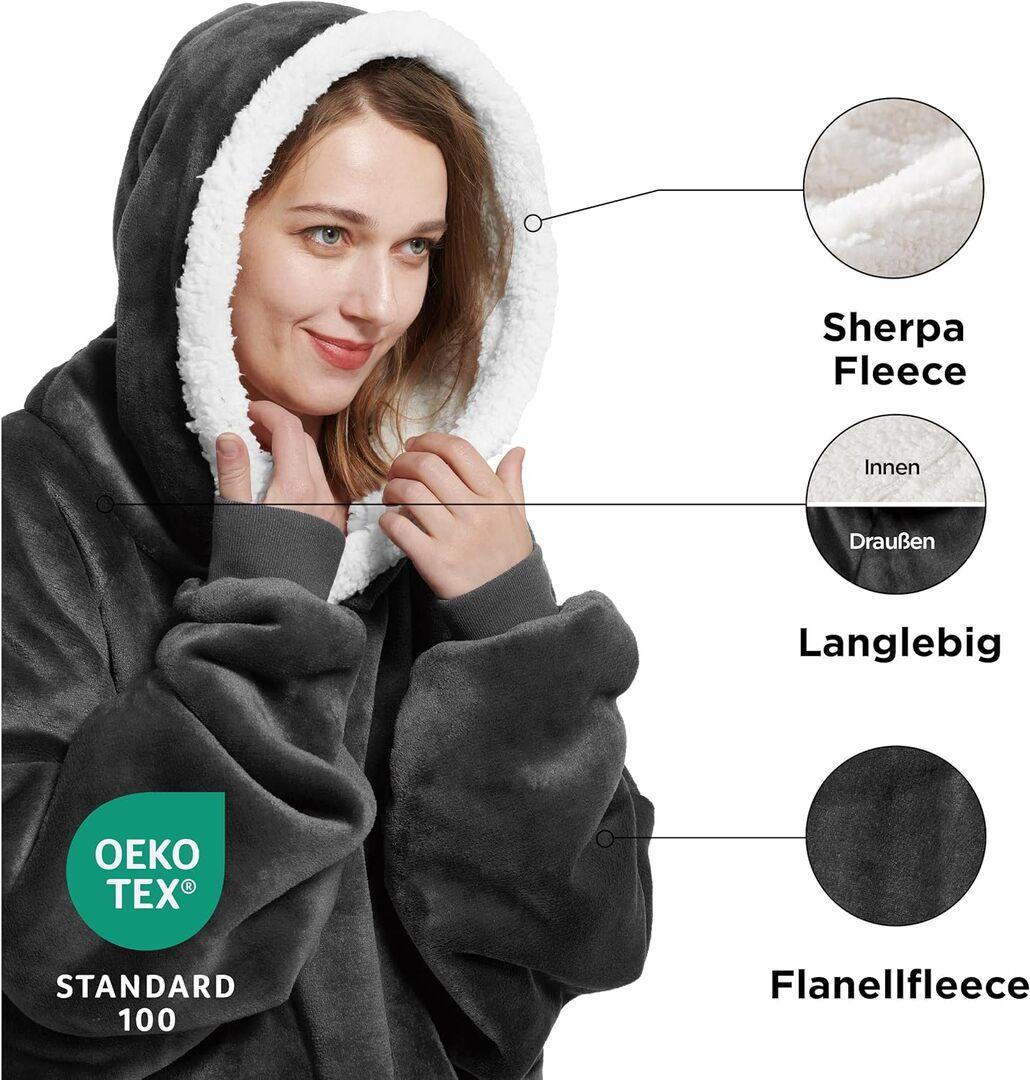 Sherpa Hoodie Decke mit Ärmeln und Kapuze - Größe: Standard - Farbe: Anthrazit 2
